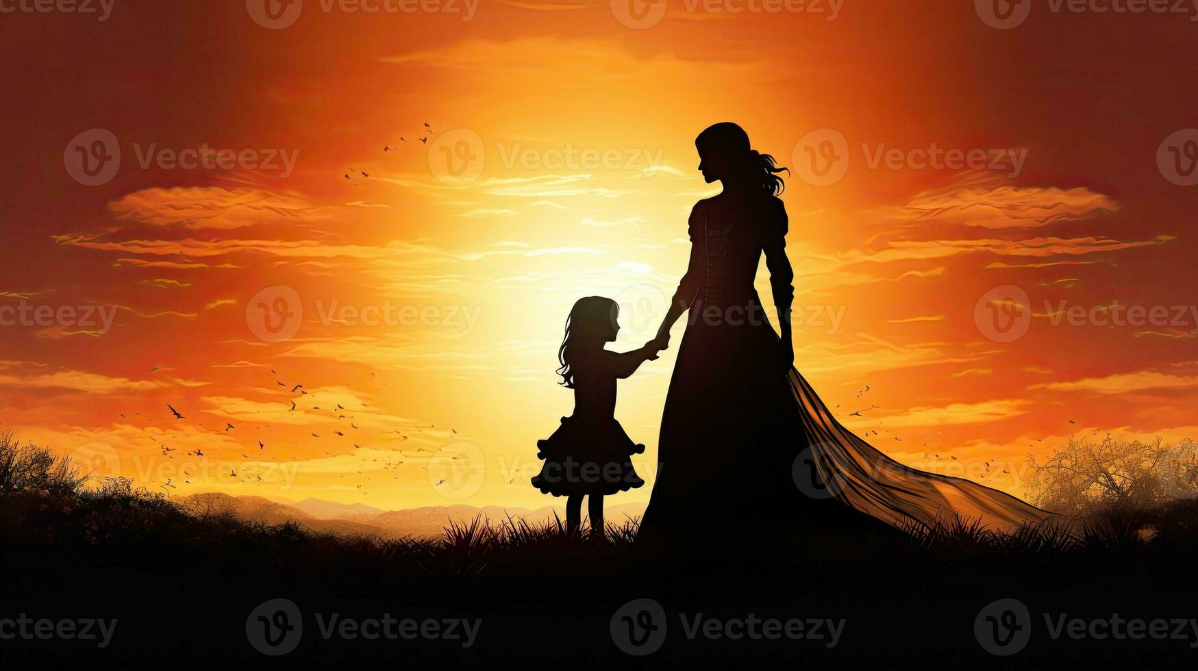 Mutter und Kind Silhouette gegen ein Sonnenuntergang foto