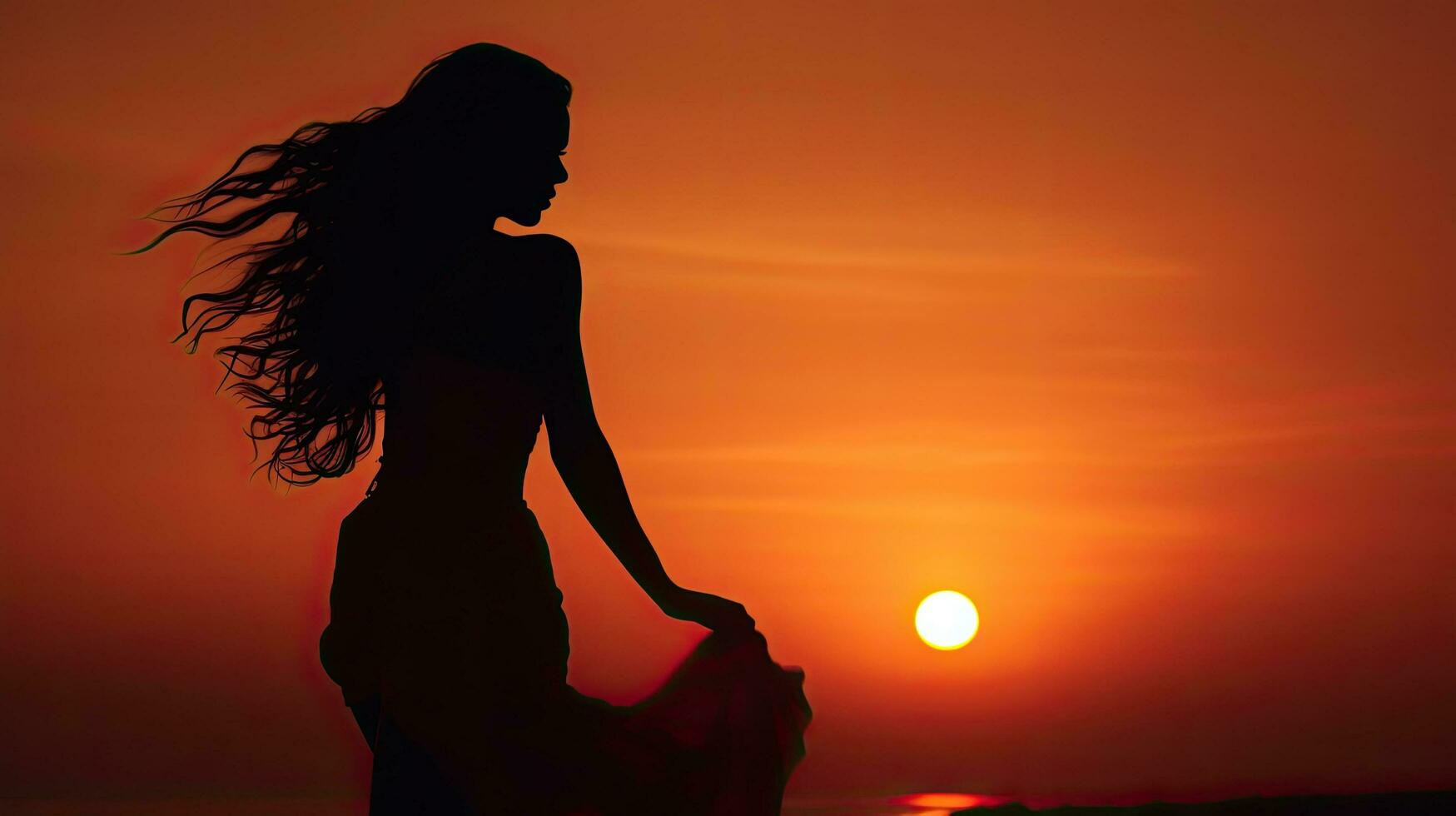 wertschätzend das Sonnenuntergang Frau s Silhouette beim Einbruch der Dunkelheit foto