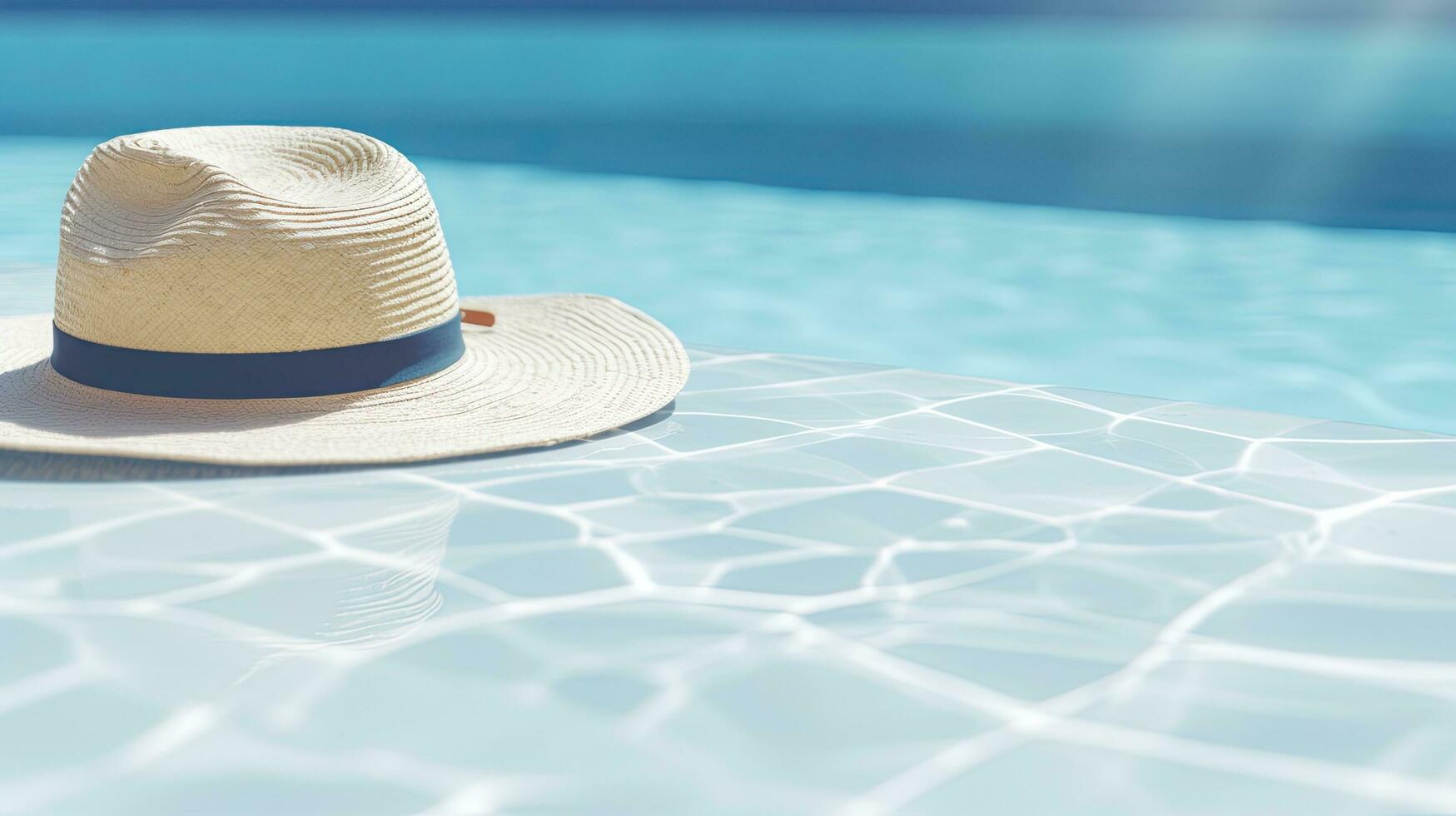 minimal ästhetisch Sommer- Ferien Konzept Hintergrund Sonnenbrille und ein Stroh Hut durch ein Marmor Schwimmen Schwimmbad mit klar Blau Wasser Wellen Sonnenlicht und Schatten Reflexionen foto