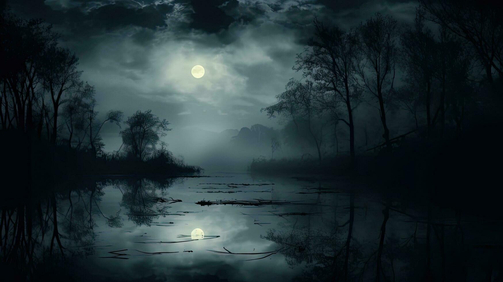 mystisch Nacht Szene mit voll Mond reflektieren auf das nebelig Fluss und immer noch Wasser foto