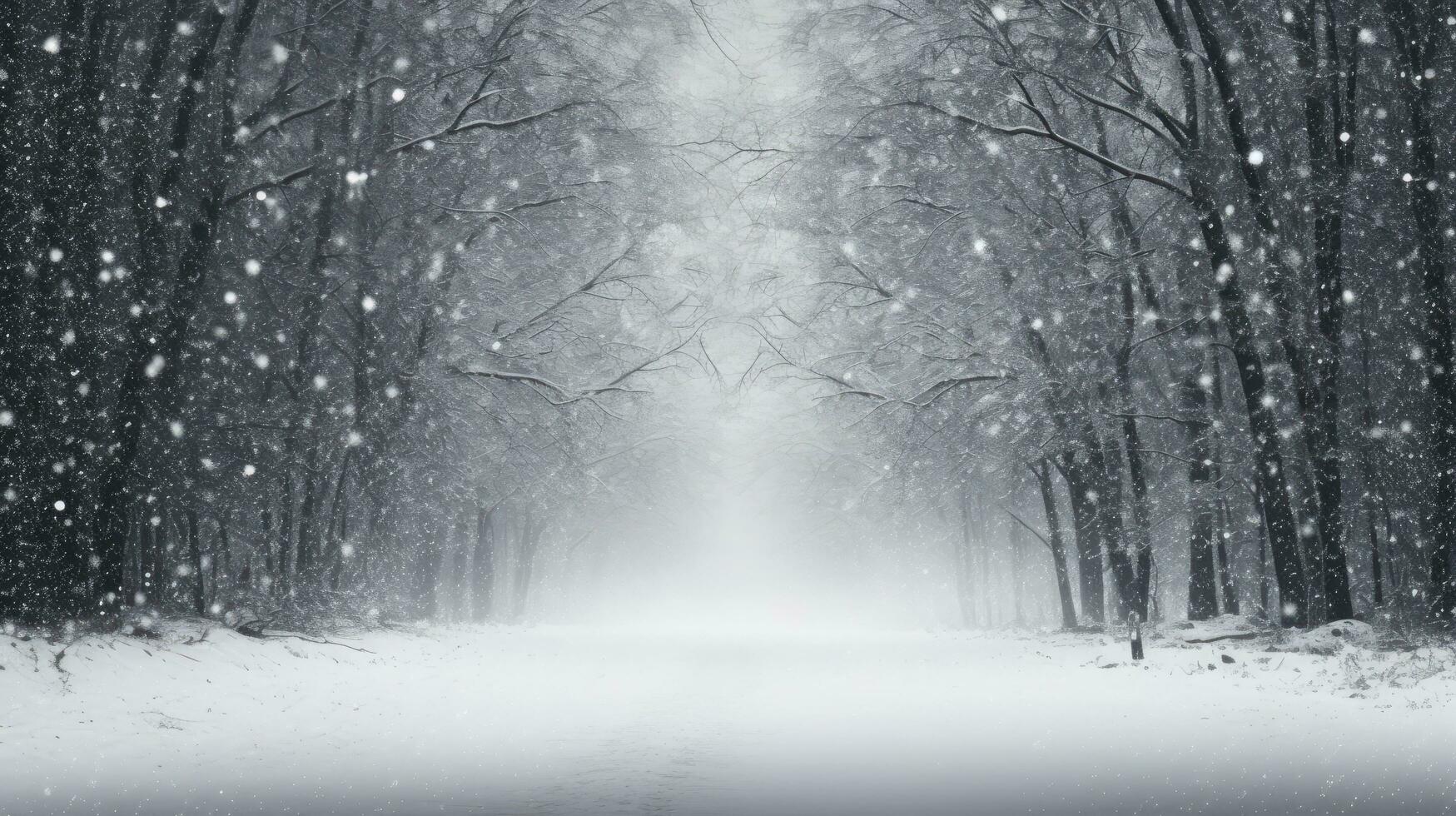 hoch Qualität Foto von ein schneebedeckt Straße Aussicht durch ein alt Wald mit schwarz Baum Silhouetten und ein Weiß Schnee Hintergrund im Winter