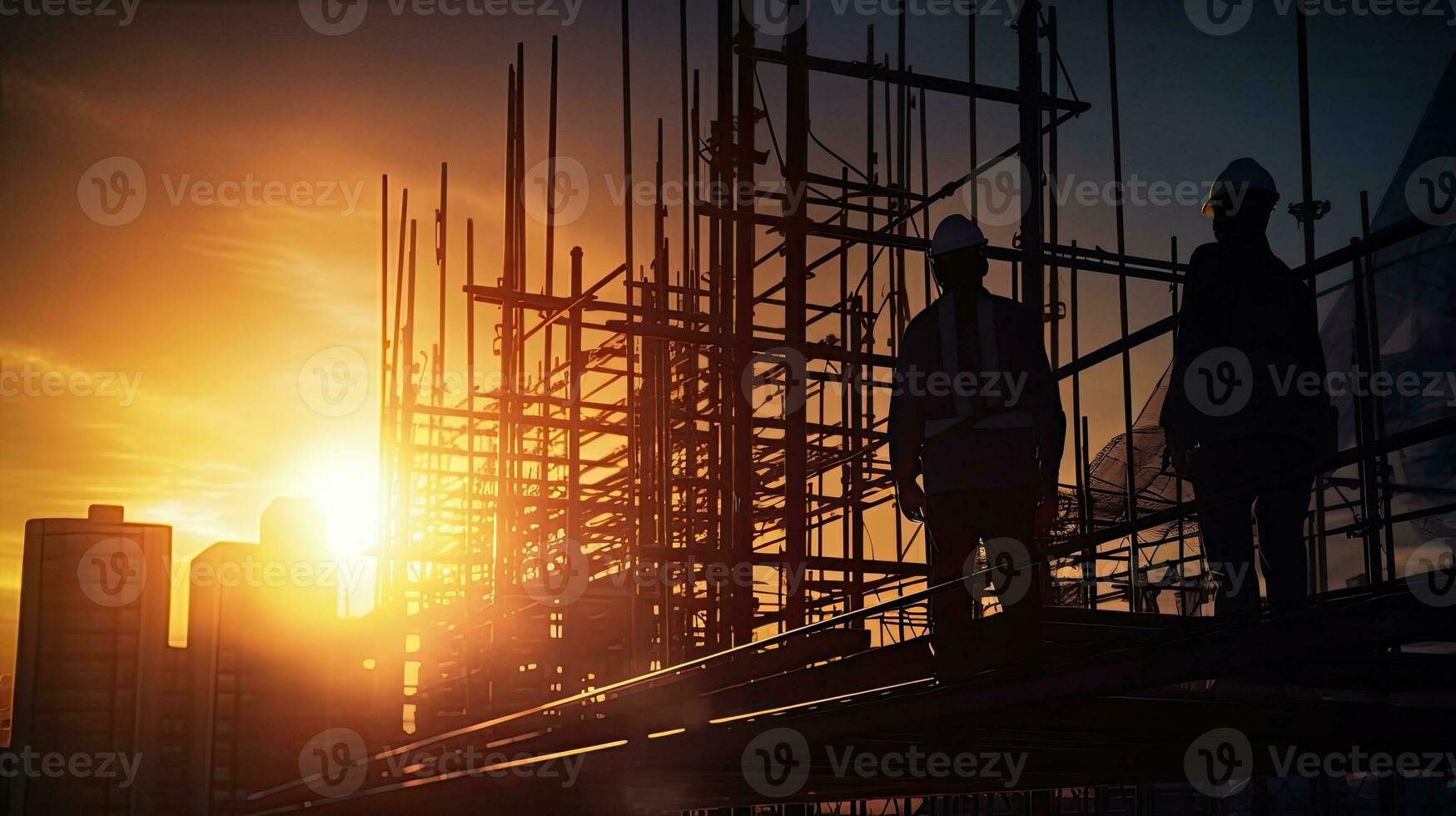 verschwommen Konstruktion Seite? ˅ mit Silhouette von Ingenieur und Konstruktion Arbeiter auf Gerüst foto