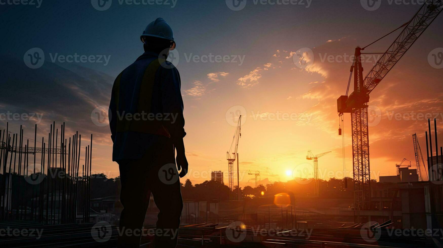 Arbeiter Silhouette auf Konstruktion Seite? ˅ beim Sonnenuntergang foto