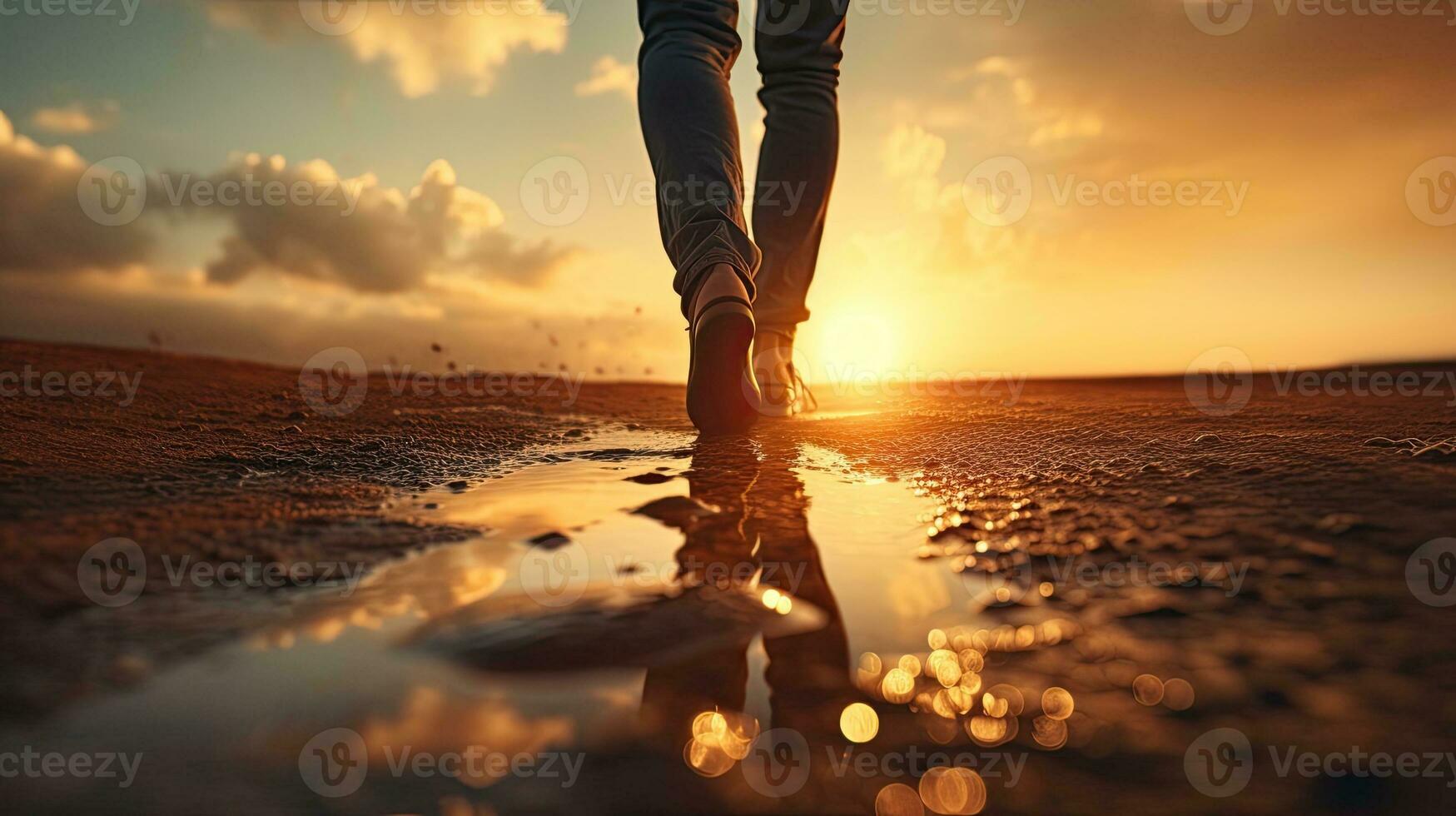 Person s Fuß Gehen beim Sonnenuntergang symbolisieren positiv Denken foto