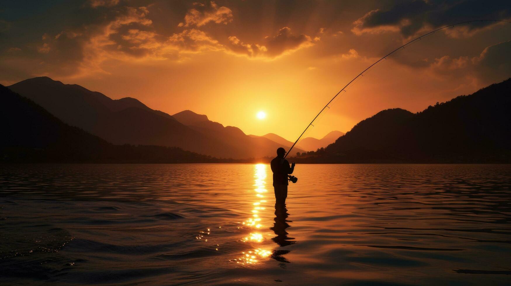 Mann Angeln beim Sonnenuntergang umrissen gegen das Himmel foto