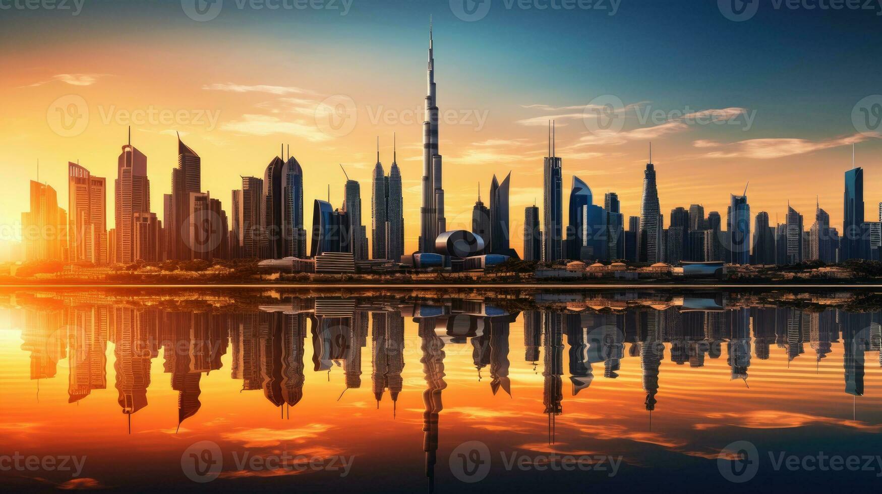 Dubai Stadt Gebäude Profil beim Sonnenuntergang im das vereinigt arabisch Emirate foto