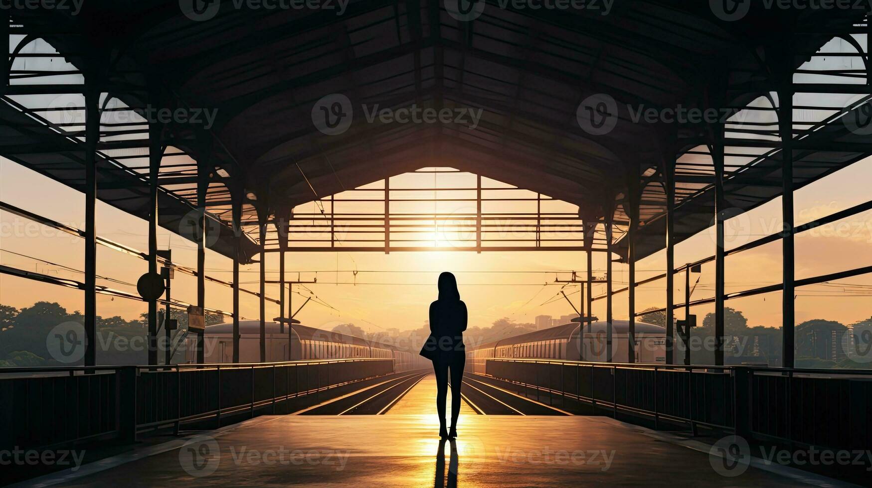 ein einsam Frau s Schatten spazieren gehen beim ein Zug Bahnhof beobachtete von das Rückseite foto