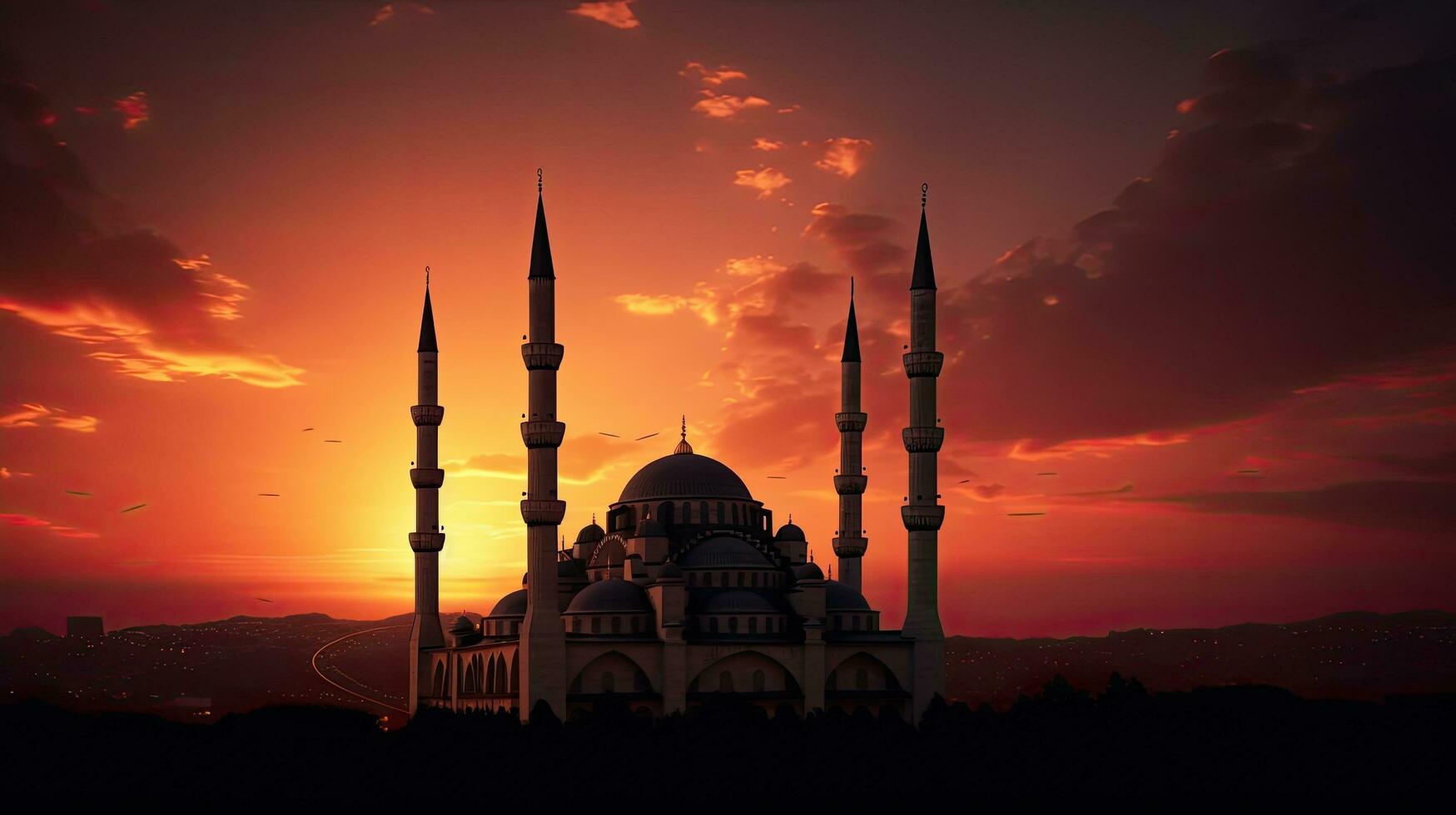 beim Sonnenuntergang Minarette von Moscheen Silhouette während Ramadan thematisch iftar und Abend Gebet symbolisieren Istanbul foto