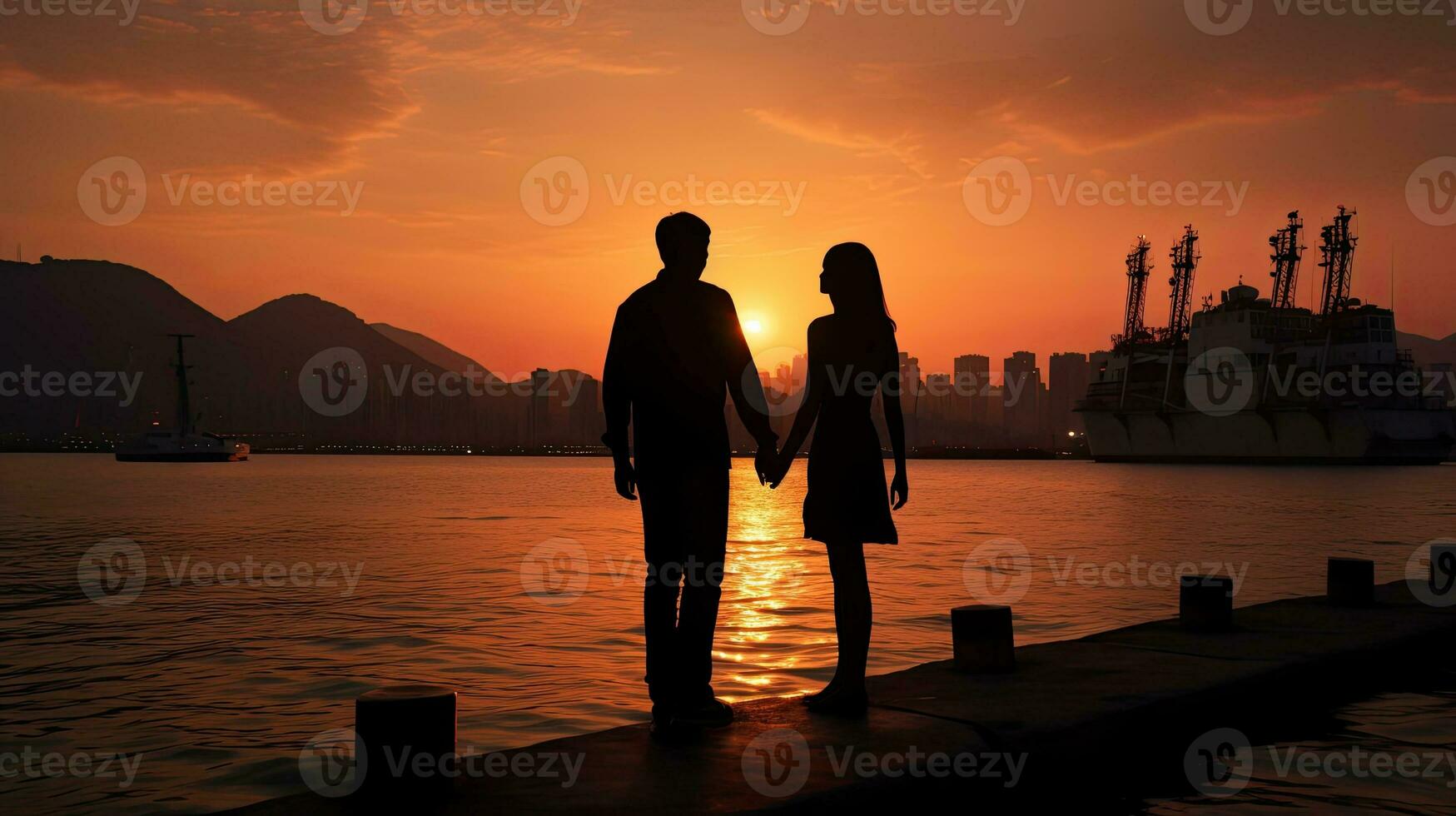 romantisch Paar halten Hände genießen Sonnenuntergang beim Western Kreis Öffentlichkeit Ladung Arbeiten Bereich Kennedy Stadt, Dorf Victoria Hafen Hong kong foto