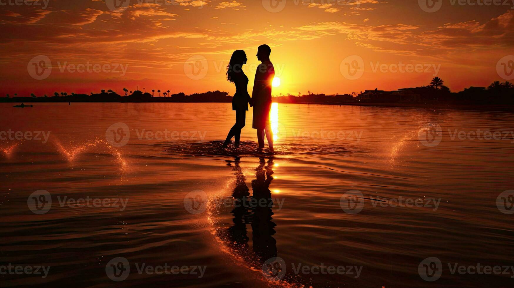 zwei froh Menschen Bildung ein Herz Silhouette im das Abend in der Nähe von Wasser foto