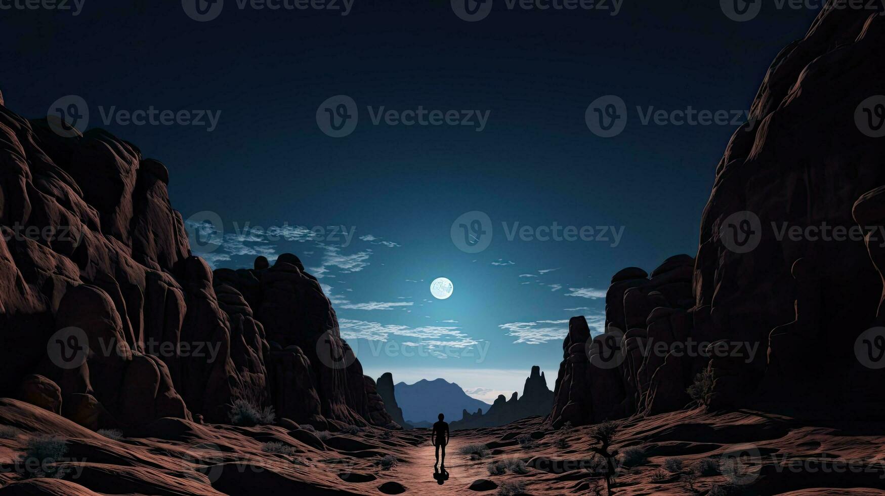 Wanderer s Silhouette inmitten Felsen Formationen unter ein voll Mond foto