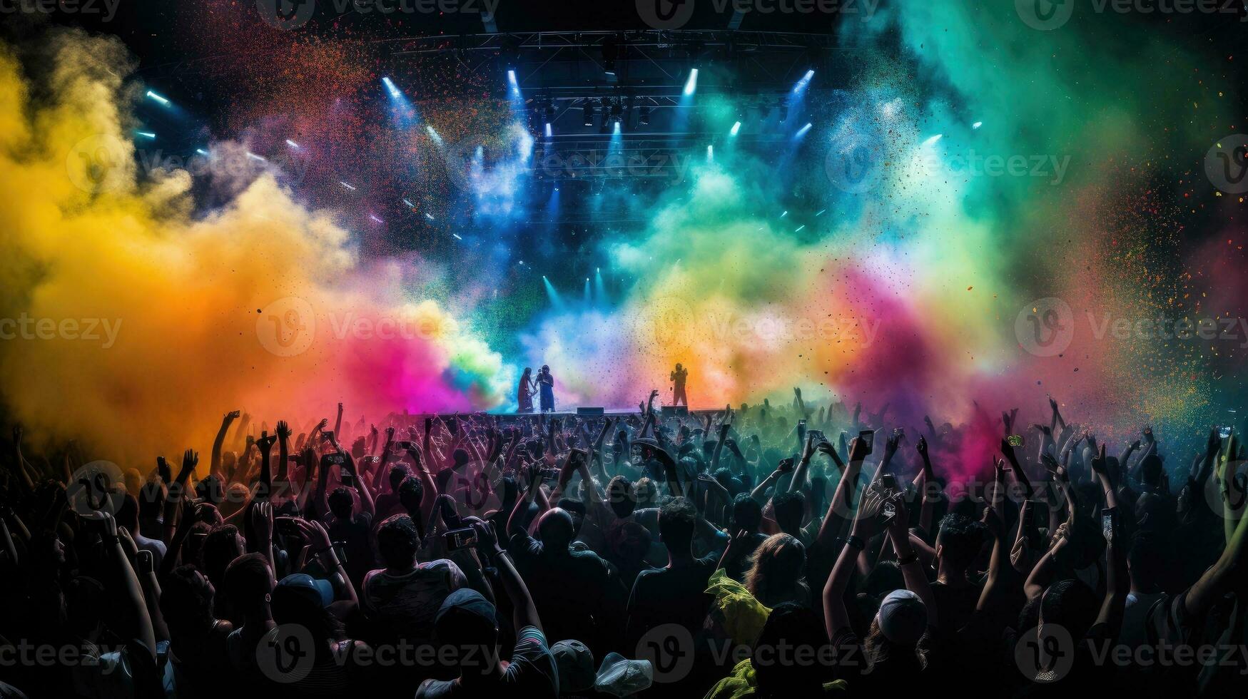 überfüllt Konzert Halle mit Grün Bühne Beleuchtung Felsen Show Menschen Silhouette bunt Konfetti Explosion im das Luft beim ein Festival foto