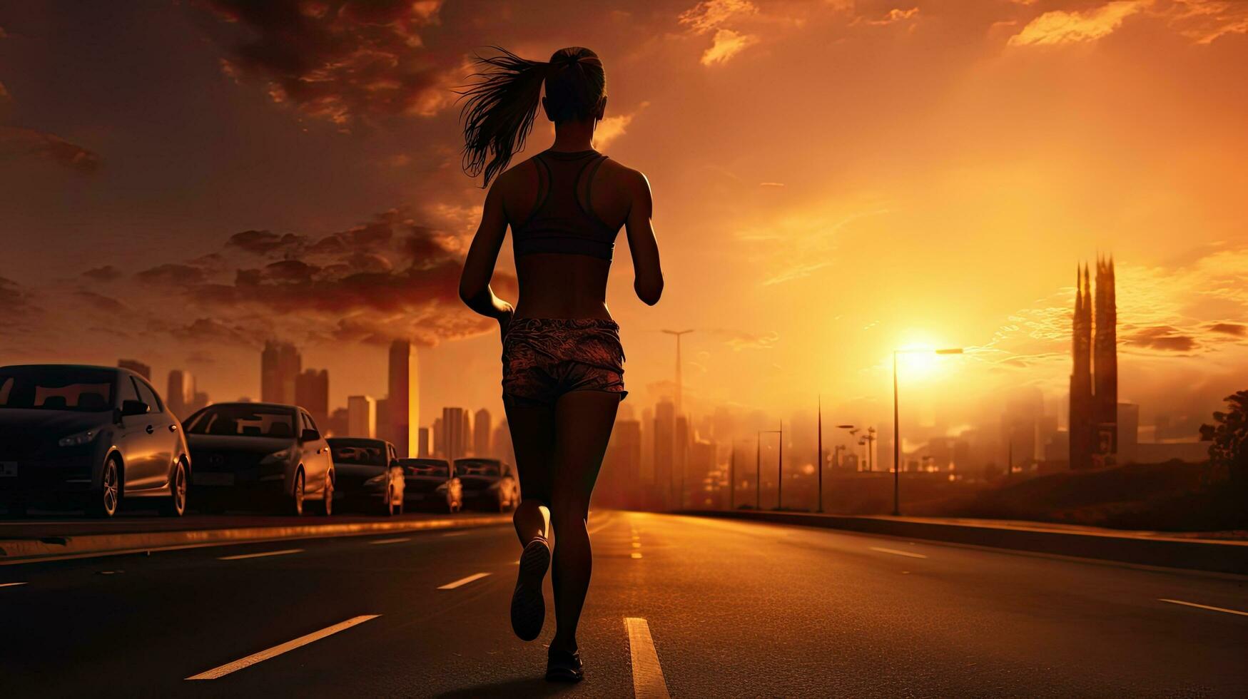 Silhouette von jung Frau Sprinten draußen während ein Fitness trainieren foto