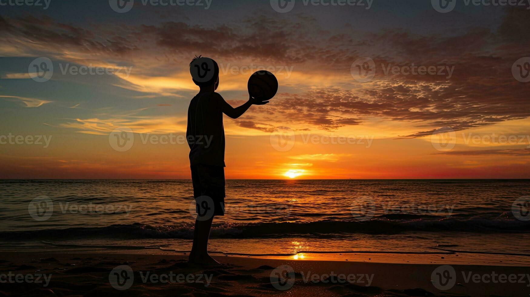 Junge s Silhouette auf Strand mit Ball foto