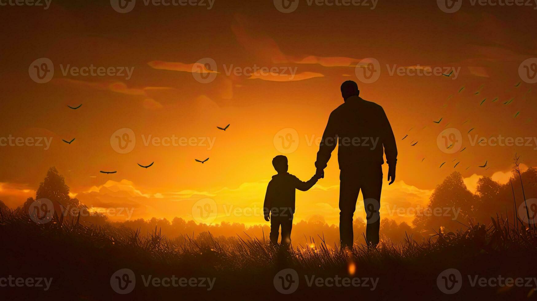 International Migranten Tag Silhouetten von ein Vater und Sohn halten Hände auf ein Herbst Wiese beim Sonnenuntergang foto