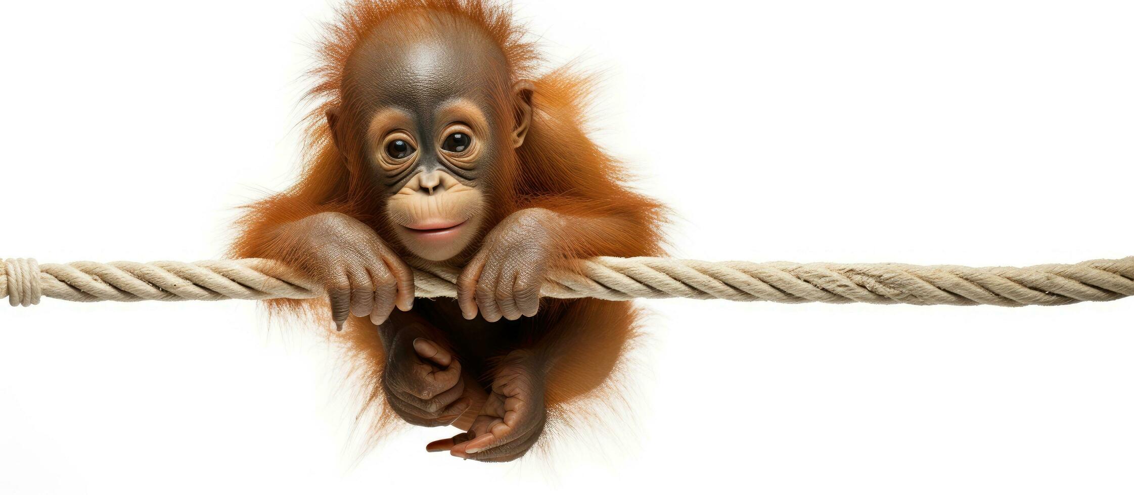 Baby Sumatra Orang-Utan auf Weiß Hintergrund hängend von Seil foto