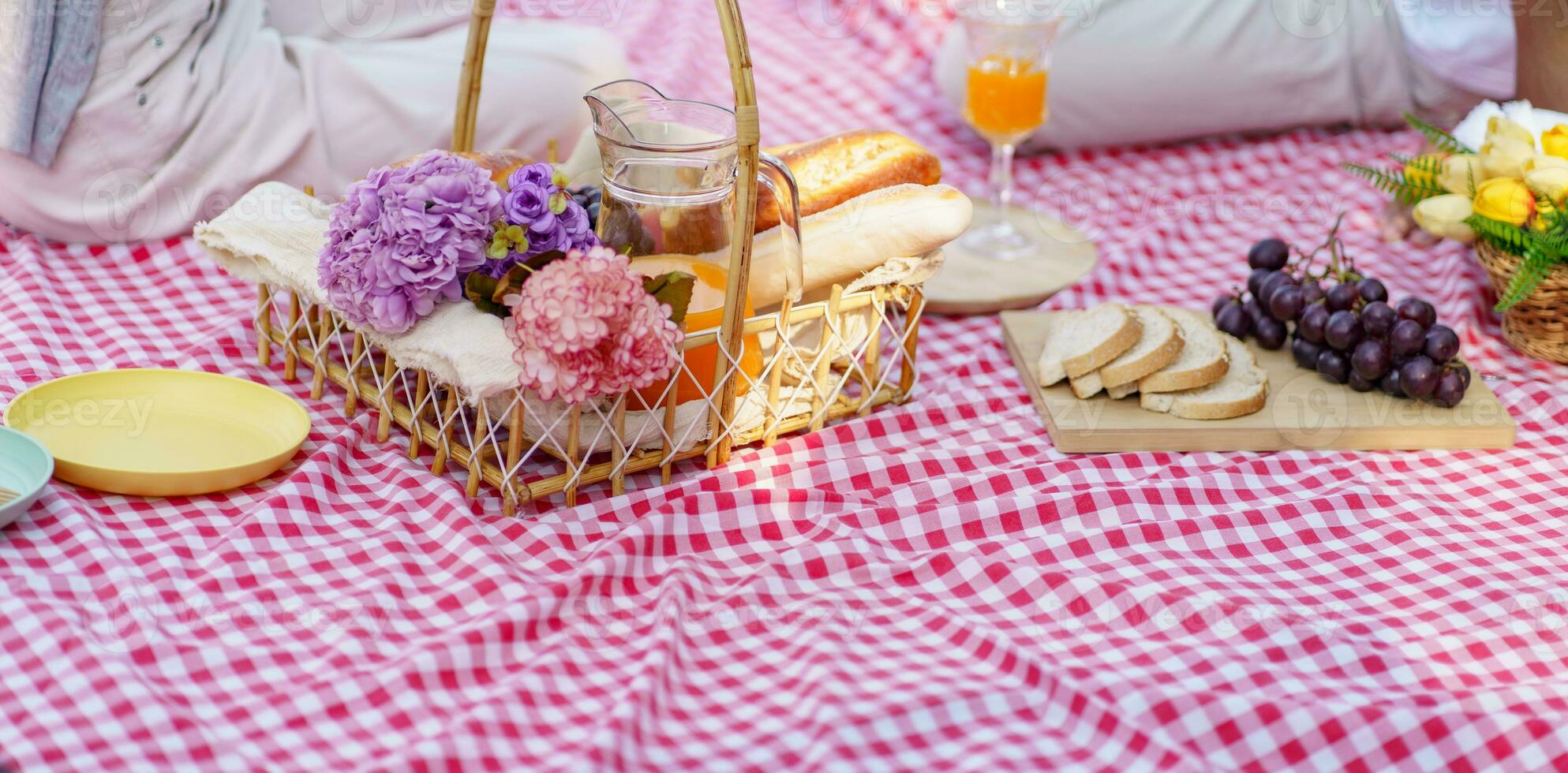 Picknick Mittagessen Mahlzeit draußen Park mit Essen Picknick Korb. genießen Picknick Zeit im Park Natur draussen foto