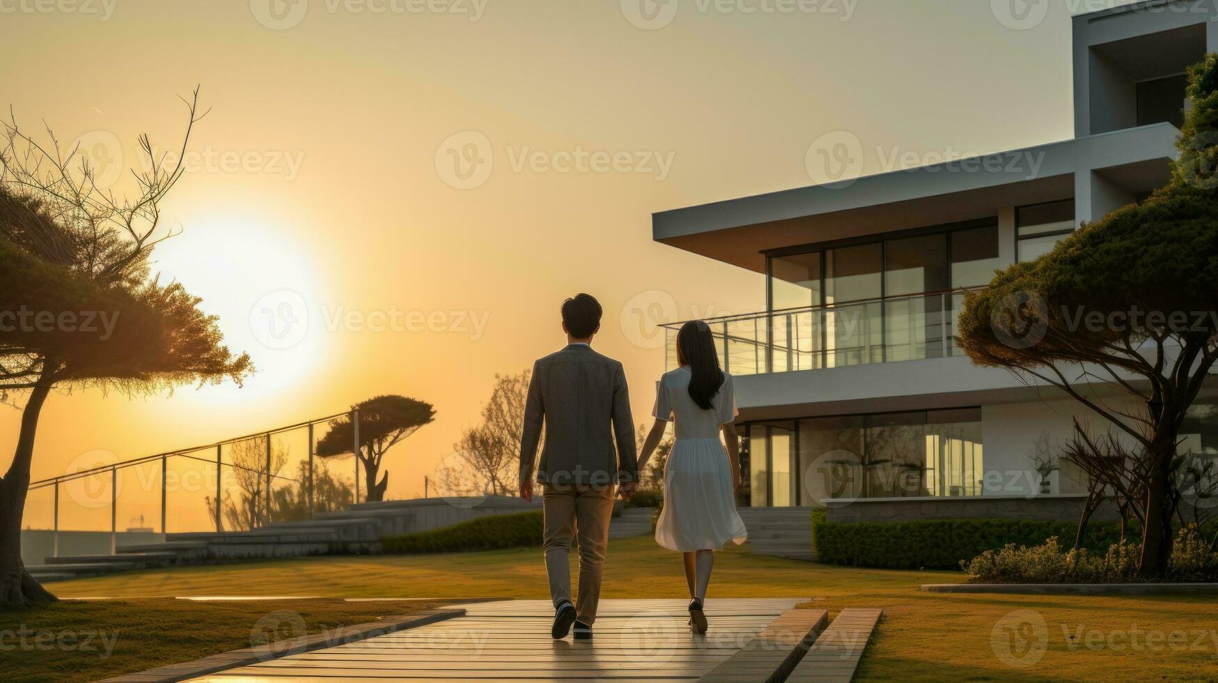 schön jung Paar draußen Haus beim Sonnenuntergang foto