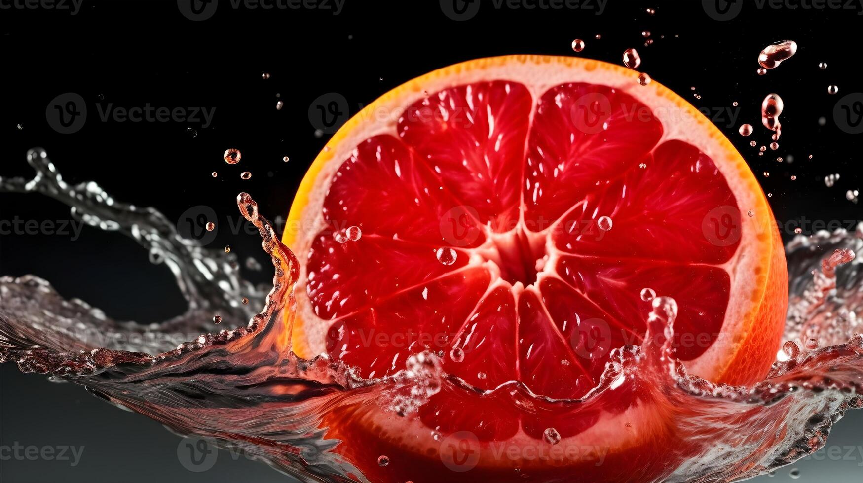 Scheibe von Gelb Grapefruit rot im das Innerhalb fallen im das Wasser Oberfläche Explosion und Spritzen. ai generiert foto