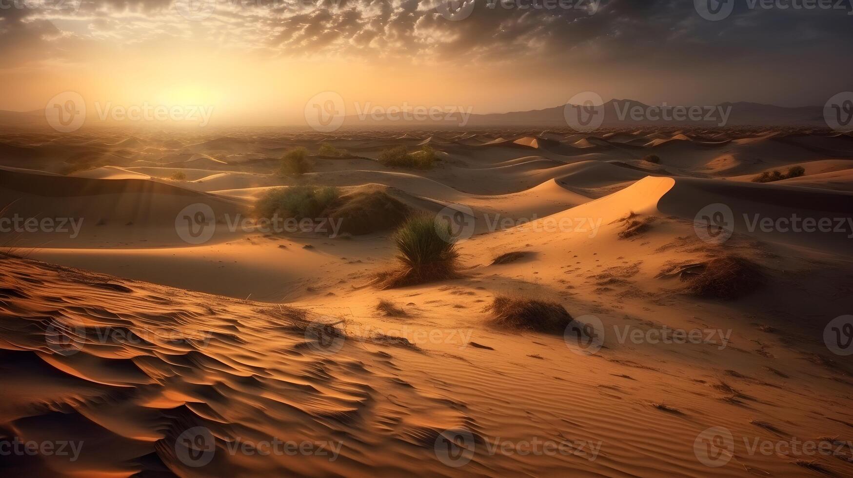 Landschaft von ein heiß Wüste mit sandig Welle im das Abend. ai generiert foto