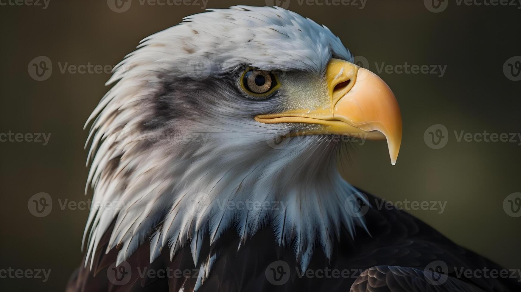 schließen oben Porträt Schuss von kahl Adler haliaeetus Leukozephalus Weiß Kopf mit Scharf Blick. ai generiert foto