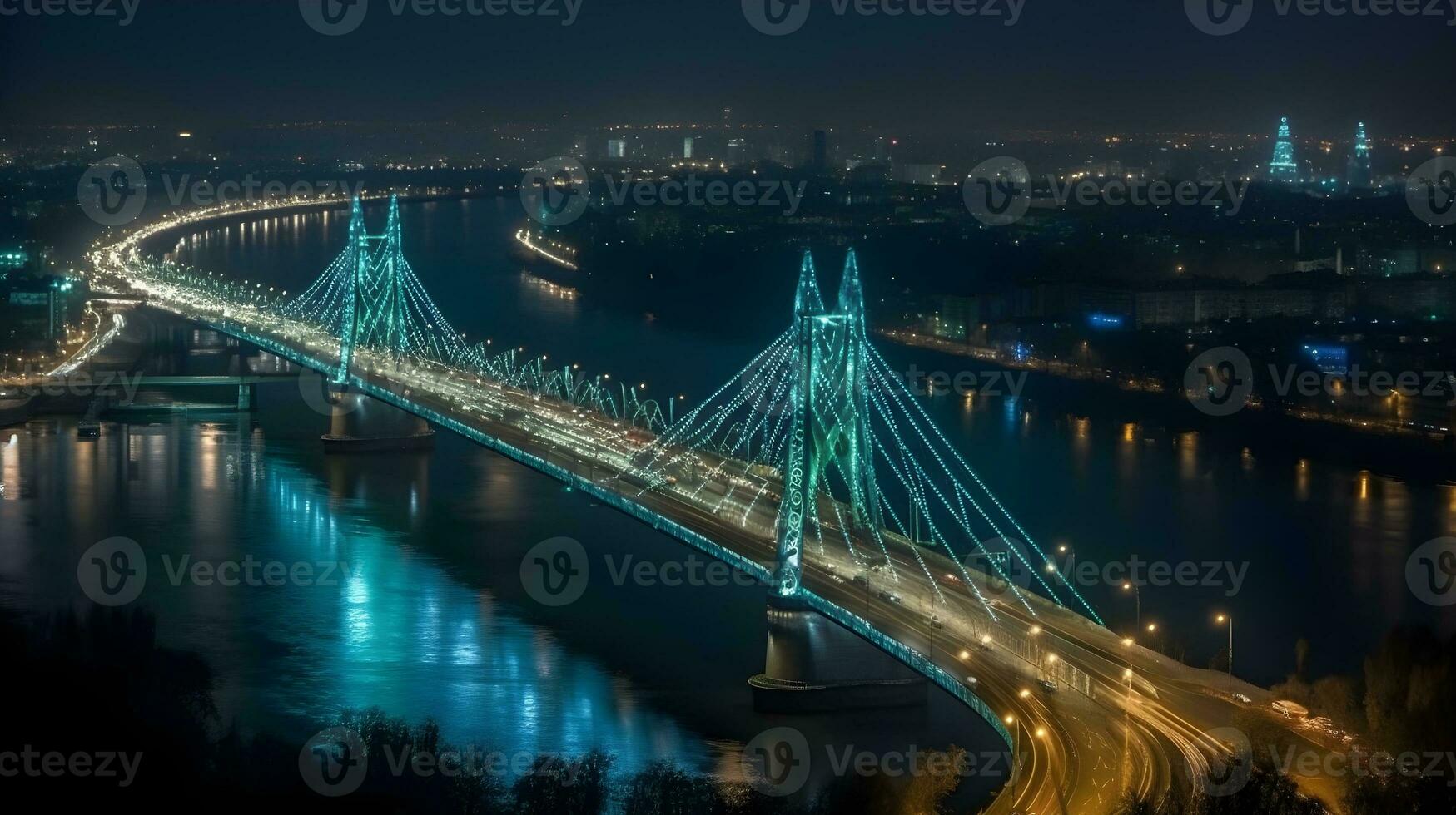 beleuchtet Kabel blieb Brücke Über Fluss im Stadtbild beim Nacht, Stadtbild Antenne Sicht, groß Fluss. ai generiert foto