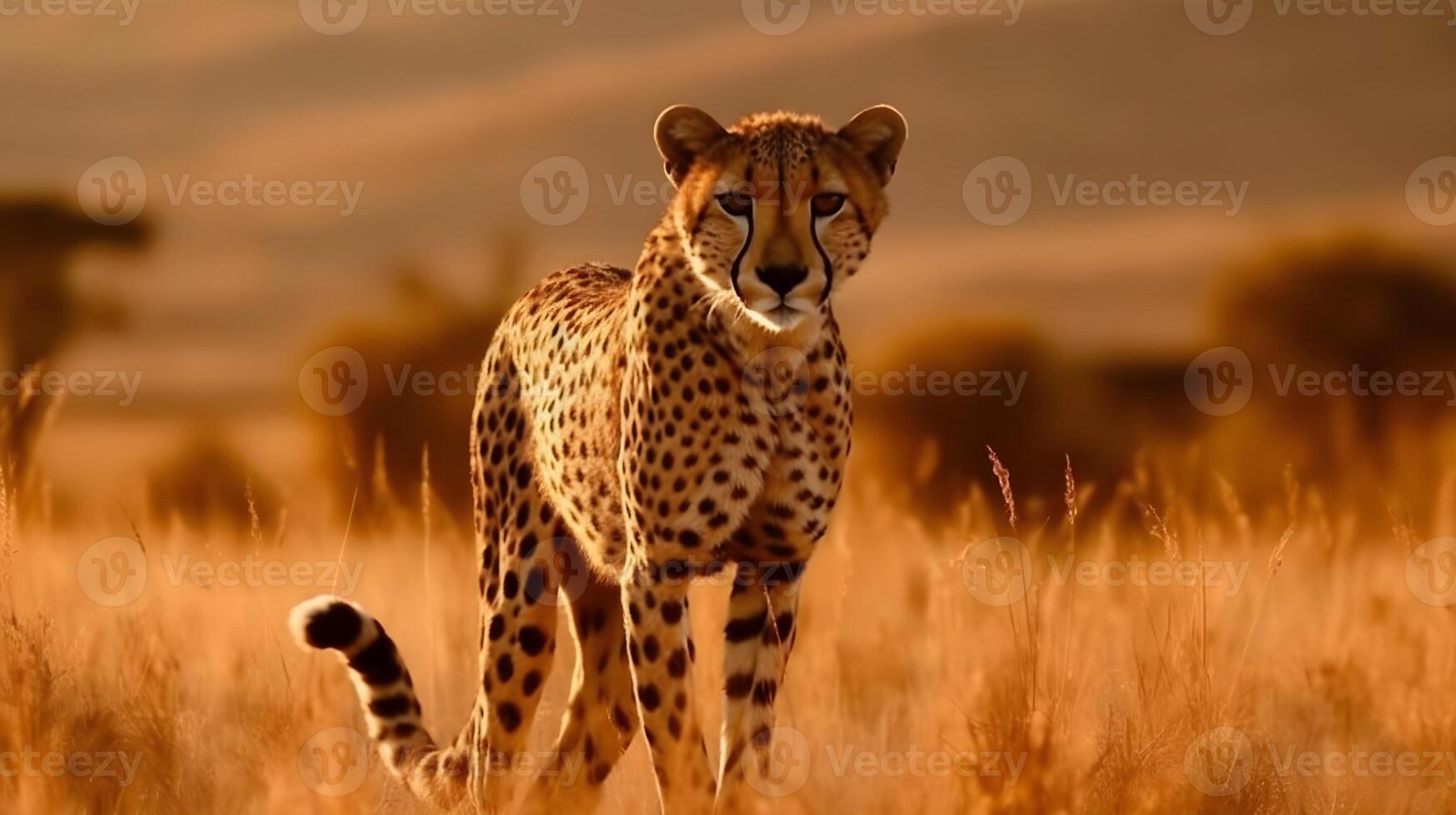 wild Fleischfresser Leopard Gehen und Jagd beim das Savanne Wüste Hintergrund. ai generiert foto