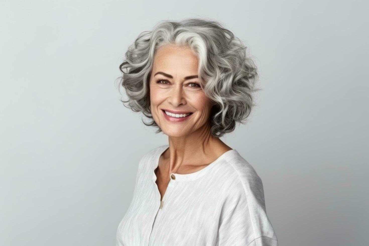 schön Alten Frau mit grau Haar lächelnd foto