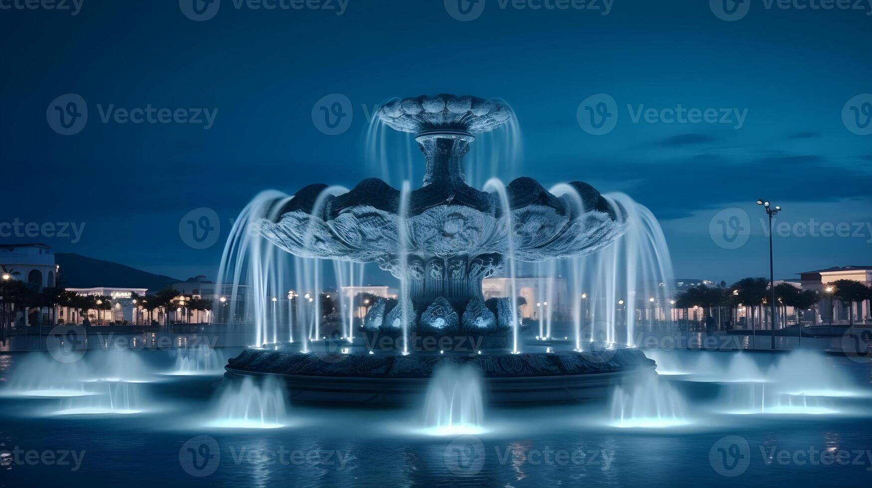 fesselnd beleuchtet Brunnen Wahrzeichen mit Bewegung und Wasser Feature beim Nacht. ai generiert foto