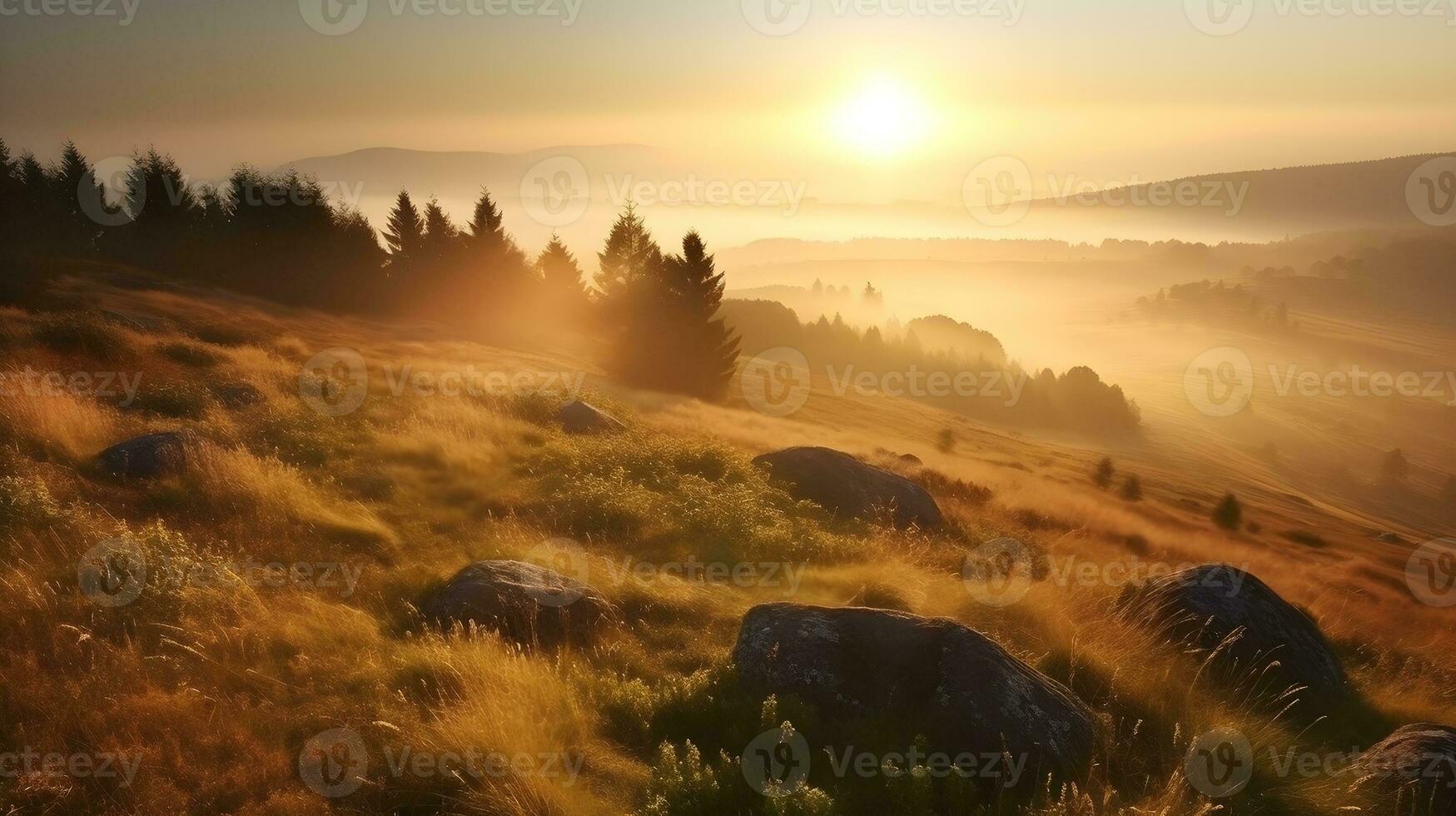neblig Morgen Landschaft mit rollen Hügel, Wald, und golden Sonnenaufgang, Felsen und Wiese. ai generiert foto