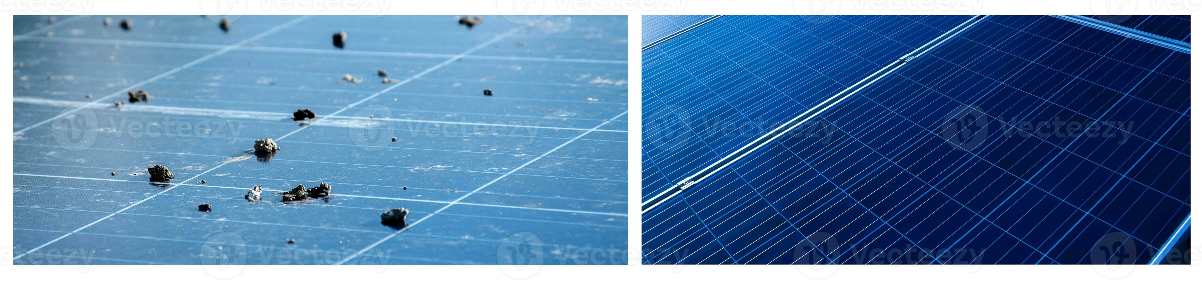 Oberer, höher Oberfläche von Photovoltaik oder Solarzelle Tafeln, schmutzig Paneele und sauber Paneele nach Waschen, abgeschnitten Schuss, Konzept zum Waschen und Reinigung zum das Effizienz von Arbeiten System von Solar- Zellen. foto