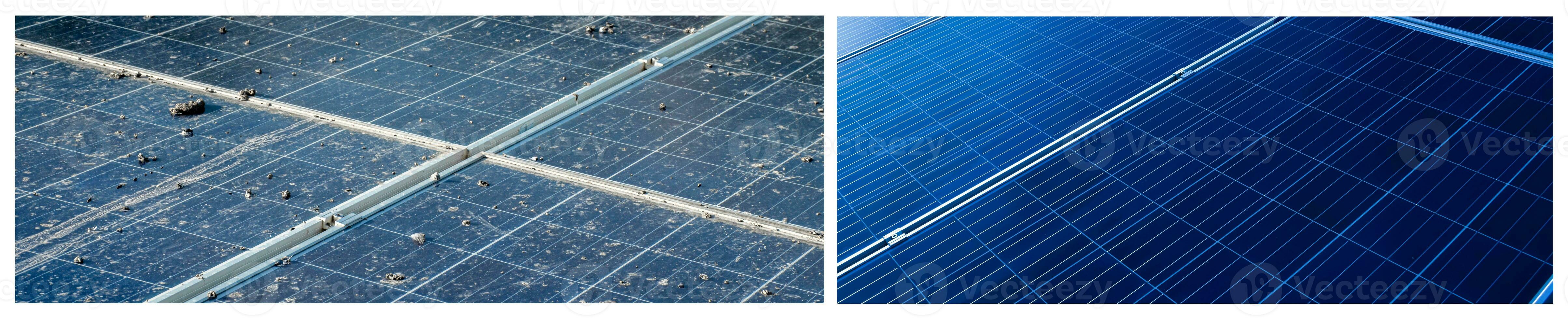 Oberer, höher Oberfläche von Photovoltaik oder Solarzelle Tafeln, schmutzig Paneele und sauber Paneele nach Waschen, abgeschnitten Schuss, Konzept zum Waschen und Reinigung zum das Effizienz von Arbeiten System von Solar- Zellen. foto