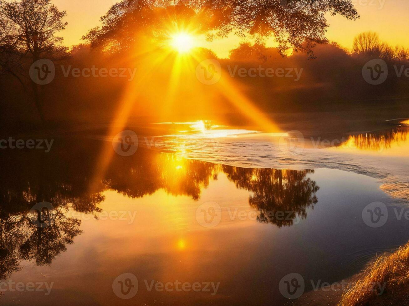 das Sonne steigt an Über ein Fluss im das Morgen ai generiert foto