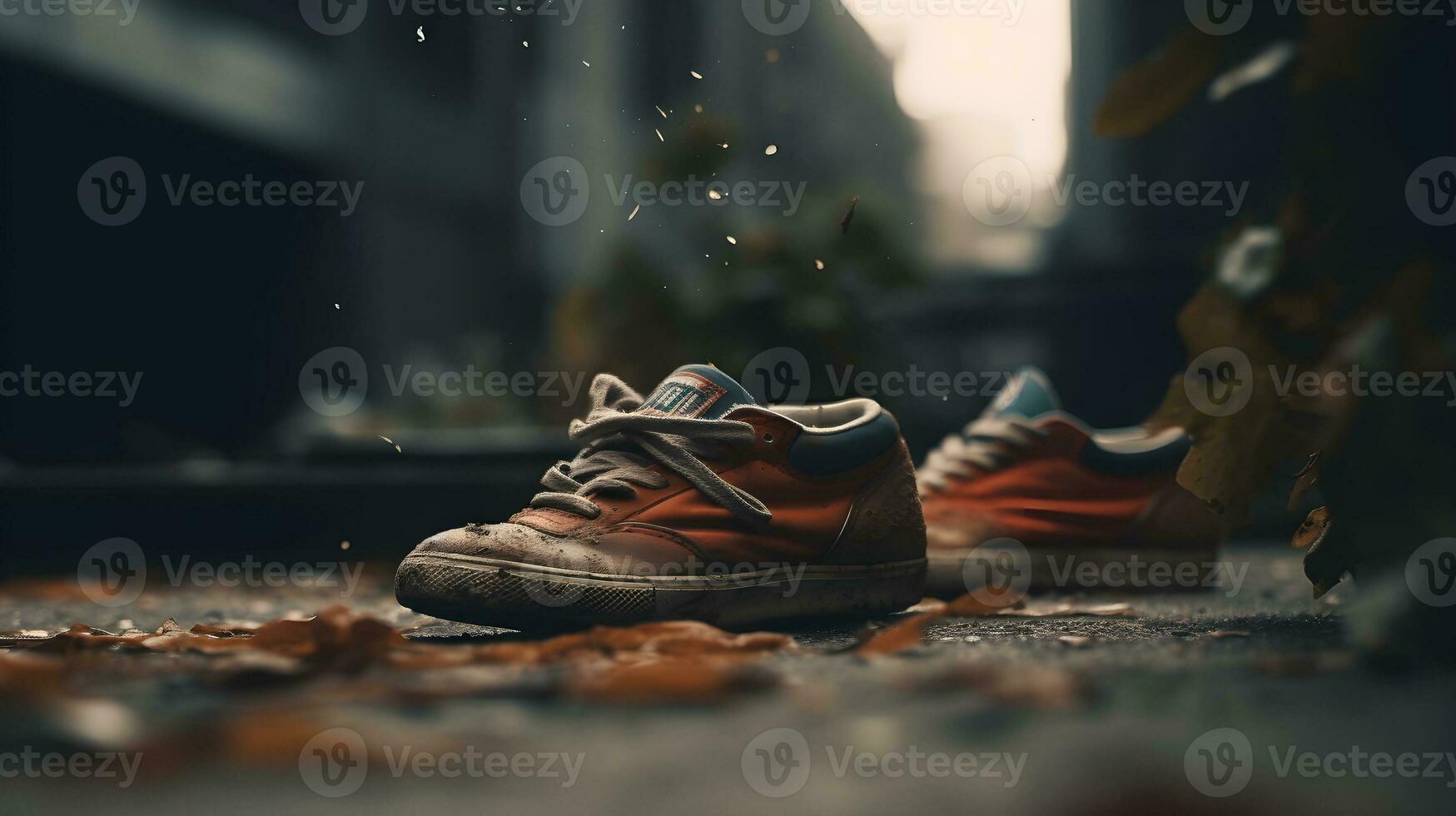ein schmutzig rot Schuhe Verlegung irgendwo im das Boden städtisch Stadt Hintergrund. ai generiert foto