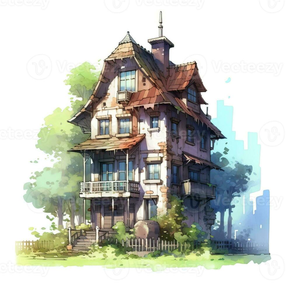 Haus Anime Stil, Haus Weiß Hintergrund hoch Qualität ai Bild generiert foto
