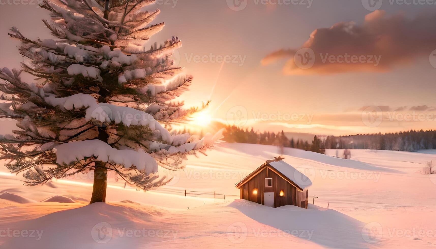 Landschaft von Winter schneebedeckt Feld mit groß Kiefer Baum und ein Haus im das Morgen mit klar wolkig Himmel und Wald beim das Horizont. ai generiert foto