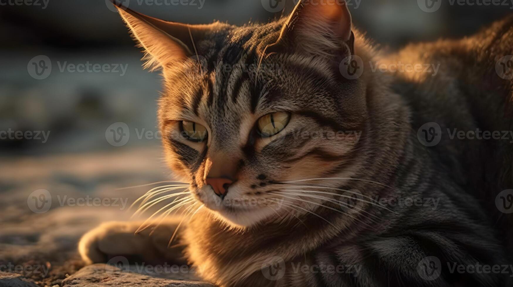 ein Porträt von grau Streifen inländisch Haustier Haus Katze mit Gelb Augen Ausruhen und entspannt sitzen auf das Boden mit verwischen Hintergrund. ai generiert foto