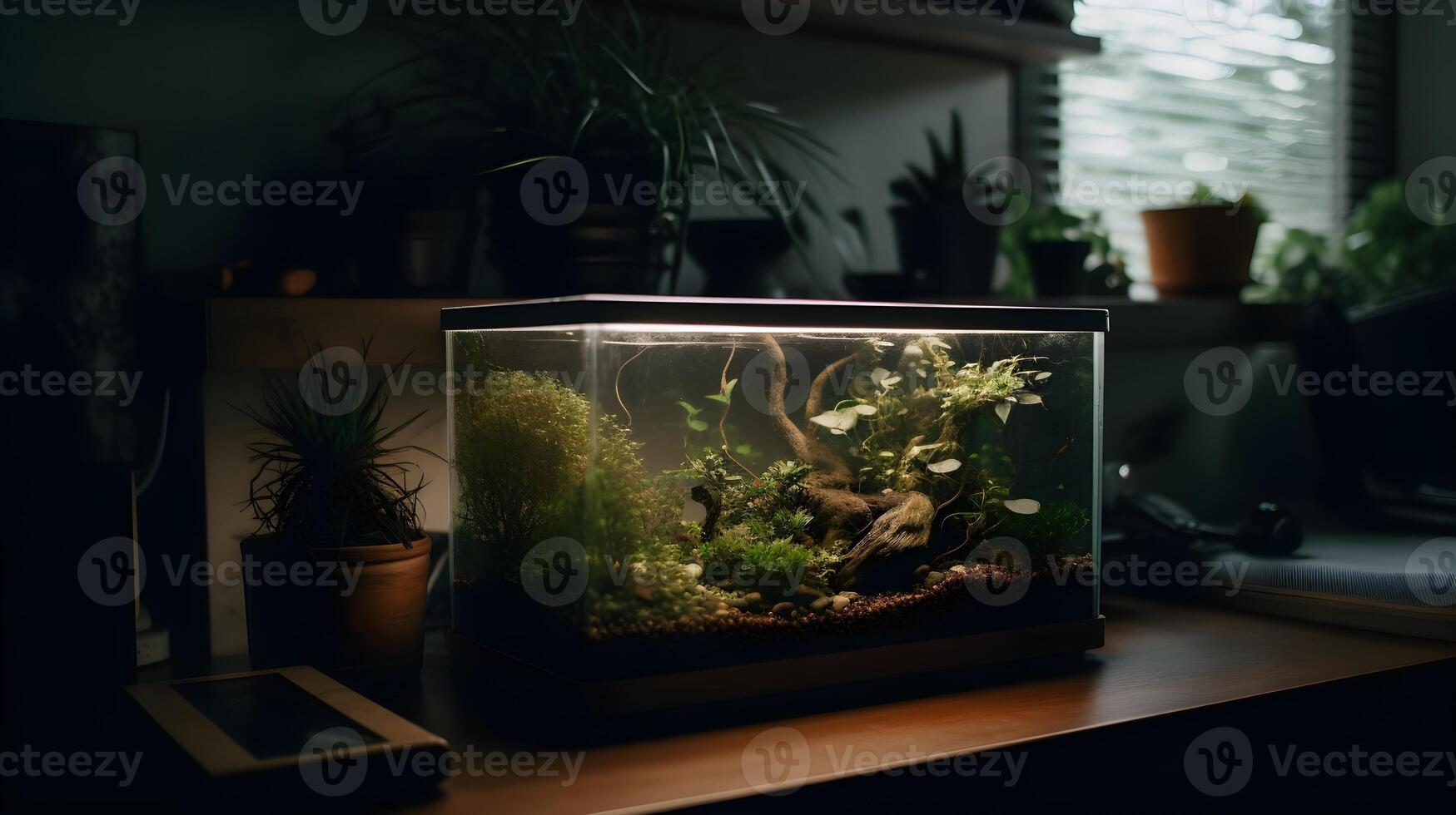 ein klein Aquarium voll von Aquascape Wasser- Pflanze im das Tabelle mit niedrig Licht, Zimmer gefüllt mit Blume im ein Topf. ai generiert foto