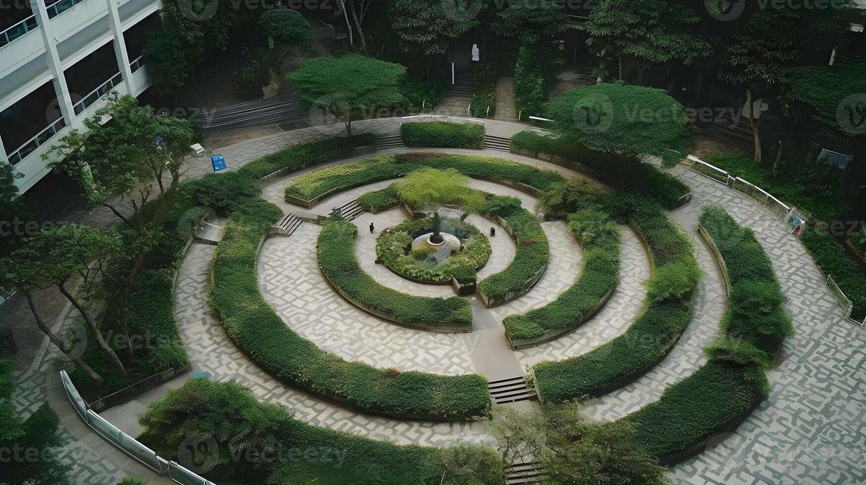 ein Grün Kreis künstlerisch architektonisch Garten und ein Platz zu hängen aus im das Center von Gebäude. ai generiert foto