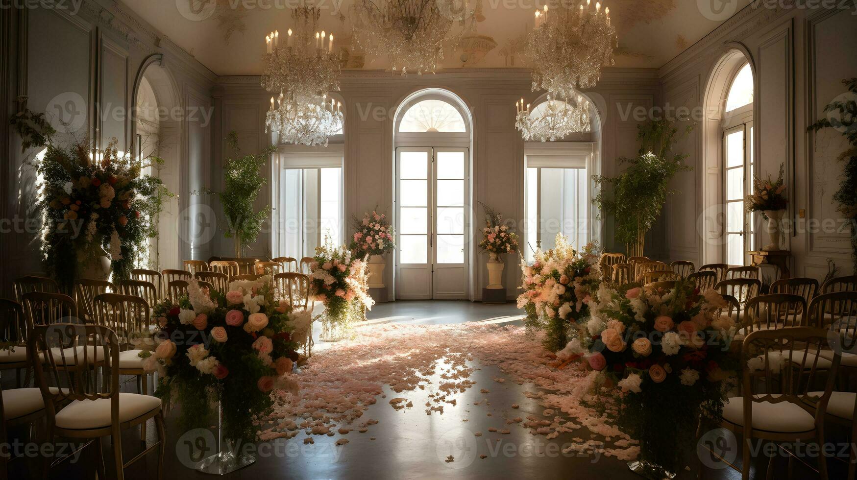 Hochzeit Zimmer Innere mit Weiß Dominant Dekoration ,Hochzeit Veranstaltung Halle ,generativ ai foto