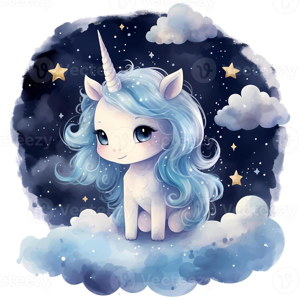 ein süß Einhorn Blick oben beim das sternenklar Himmel und ein still Mond Aquarell Illustration, ai generativ foto