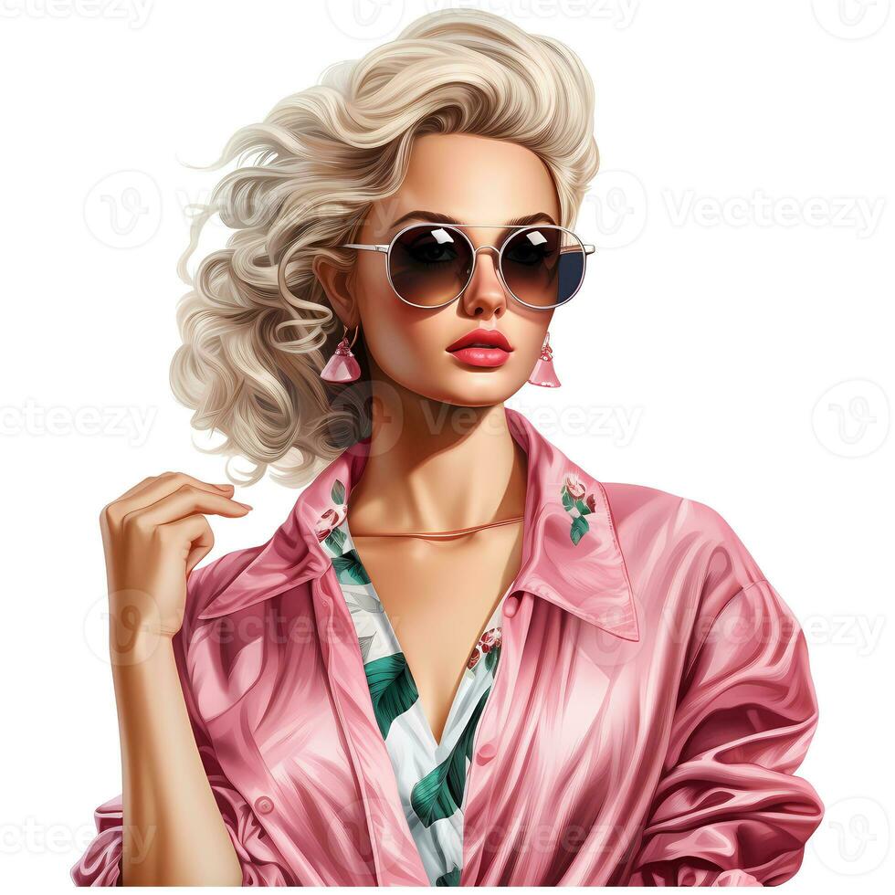 Barbie Mode, schön blond Frau im ein Porträt tragen ein Rosa modisch Outfit ai generativ foto