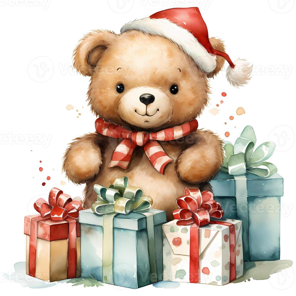 süß Teddy Bär halten ein Stapel von Weihnachten Geschenke auf Weiß Hintergrund Illustration ai generativ foto