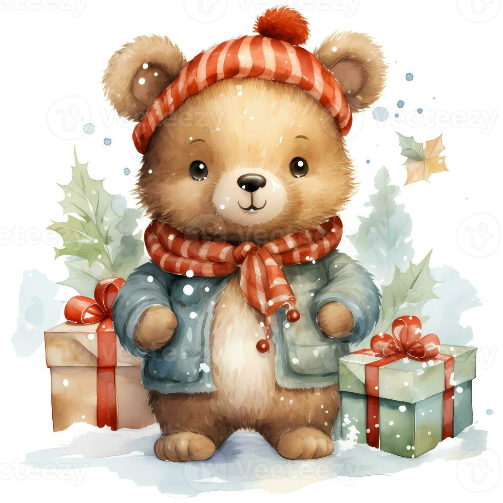 süß Teddy Bär halten ein Stapel von Weihnachten Geschenke auf Weiß Hintergrund Illustration ai generativ foto