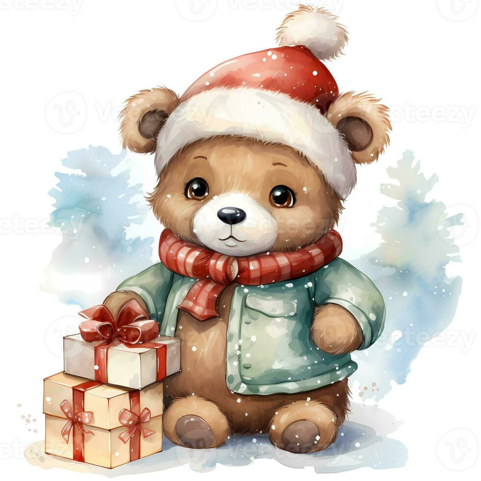 süß Teddy Bär halten ein Stapel von Weihnachten Geschenke auf Weiß Hintergrund Illustration ai generativ foto