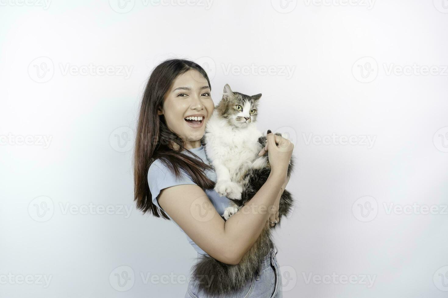 Porträt von jung asiatisch Frau halten süß Angora Katze mit Gelb Augen. weiblich umarmen ihr süß lange Haar Kitty isoliert durch Weiß Hintergrund. bezaubernd inländisch Haustier Konzept. foto