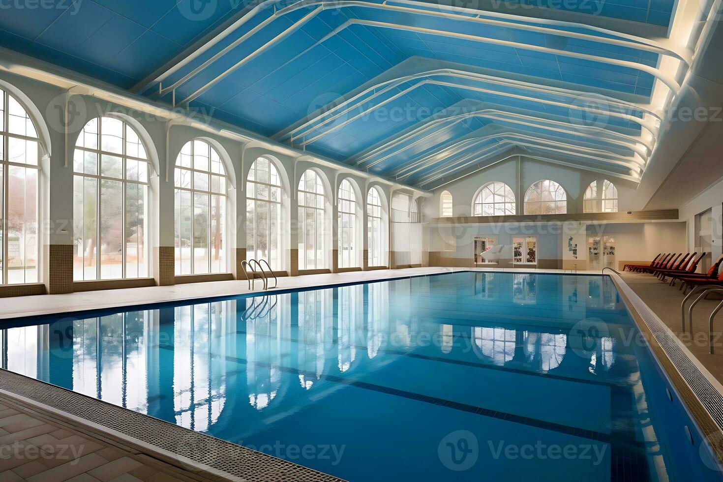 luxuriös Innen- Schwimmen Schwimmbad im das Tag. ai generiert foto
