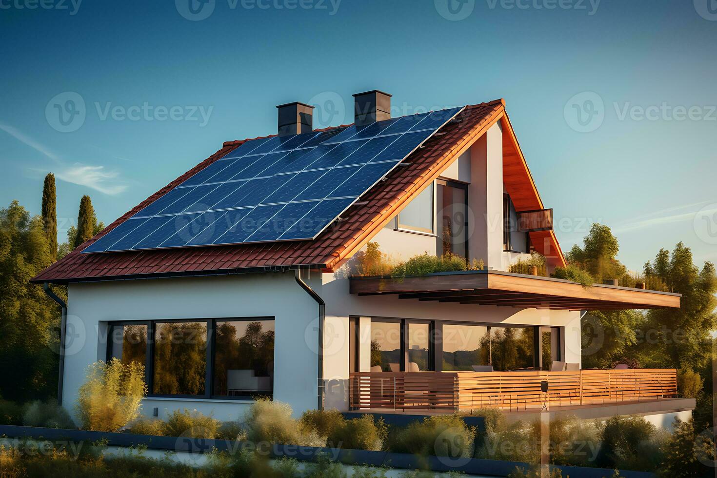 Solar- Panel auf wohnhaft Zuhause mit ein modern Haus. ai generiert. foto