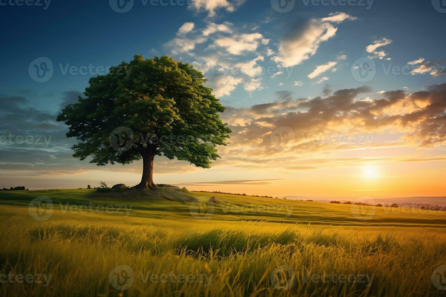 ein entfernt Schuss von Single Baum unter das Dämmerung Himmel mit beschwingt Farbe. ai generiert, foto