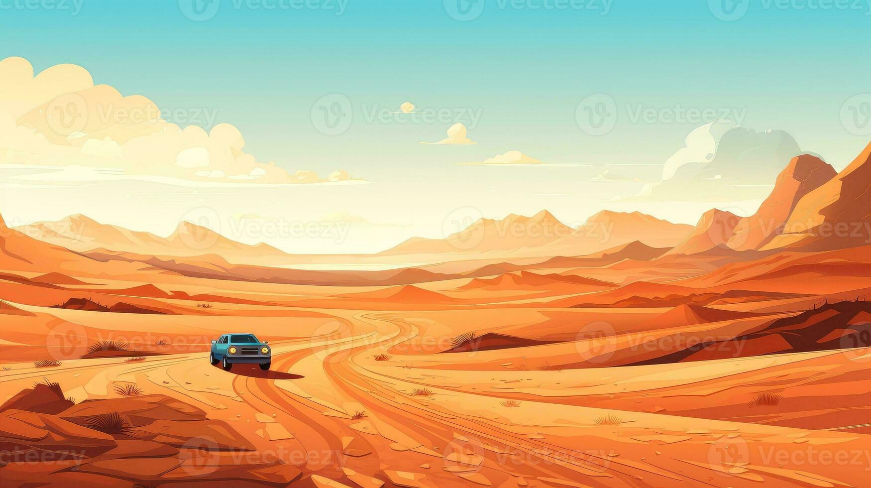 Wüste Landschaft mit Sand Straße, ein lange Gerade Schmutz Straße verschwindet in das entfernt, Karikatur Stil, generativ ai Illustration foto